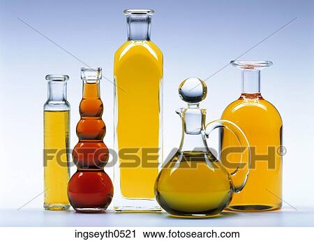 Stock Image - Various Oils, Oils, Various, olive oils, oil jars, olive oil bottles, oil bottles. Fotosearch