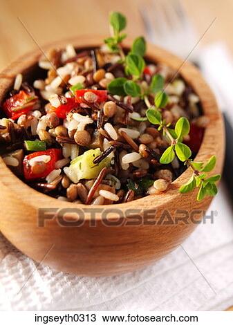 Stock Image - Wild Rice Lentil Salad, Lentil, Rice, Salad, salad bowl, healthy, lunch. Fotosearch