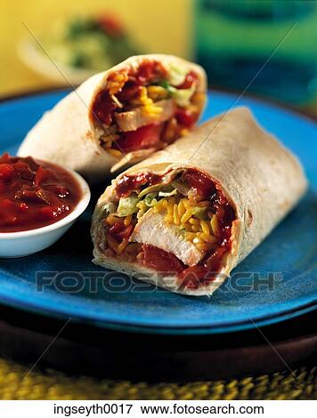 Stock Photo - wrap, dip, chicken wrap, snack, noodle, filling, food. Fotosearch
