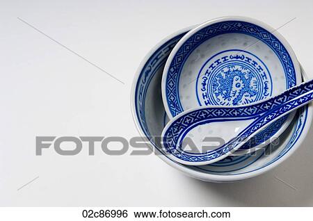 Blue asian soup bowls and spoon. View Large Photo Image Stock Photograph - Blue asian soup bowls and spoon.. Fotosearch