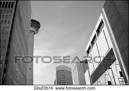 Picture - B&W view of Calgary's Glenbow Museum and Calgary Tower.. Fotosearch