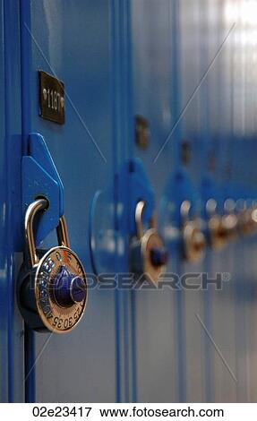 Close up of padlocks on blue school lockers View Large Photo Image Stock Photo - Close up of padlocks on blue school lockers. Fotosearch
