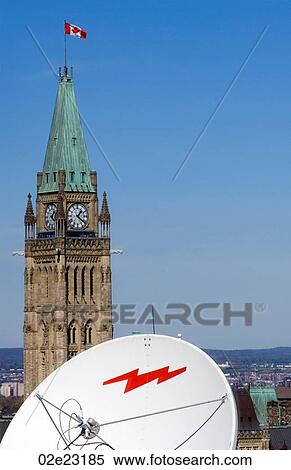 Stock Photography - Communications satellite dish in front of Canada's Parliament Buildings.. Fotosearch