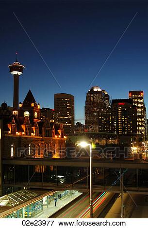 Stock Photo - Night view of Calgary Tower and old City Hall.. Fotosearch