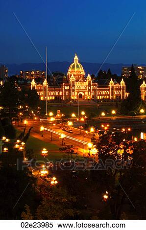 Stock Photography - Night view of Victoria's legislative buildings.. Fotosearch