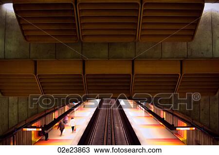 Stock Image - Overhead view of underground Montreal Metro train station.. Fotosearch