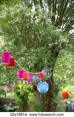 Paper lanterns hanging from a tree View Large Photo Image Stock Photo - Paper lanterns hanging from a tree. Fotosearch