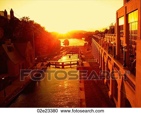Stock Image - Rideau Canal locks at sunset.. Fotosearch