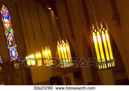 Suspended lights inside church. View Large Photo Image Stock Image - Suspended lights inside church.. Fotosearch