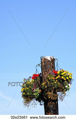 Stock Image - Top of coastal pole with flowers hanging.. Fotosearch