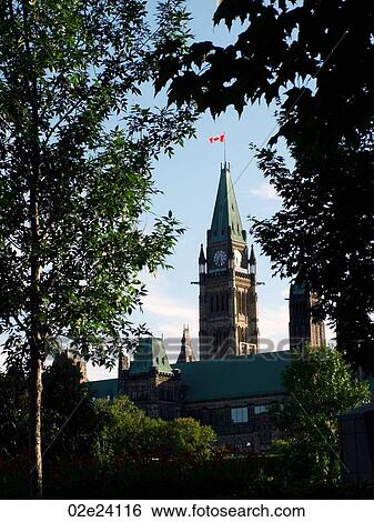 Stock Photograph - View of Canada's Parliament Buildings through the trees.. Fotosearch