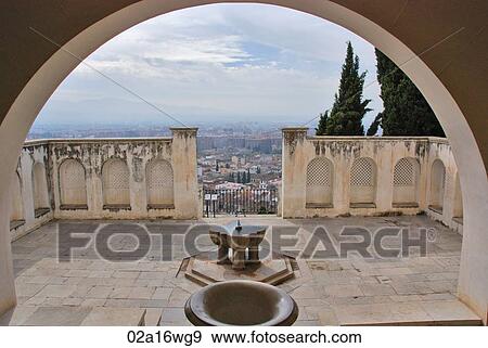 View through archway with water feature on terrace, Granada, Andalusia, Spain View Large Photo Image Stock Photo - View through archway with water feature on terrace, Granada, Andalusia, Spain. Fotosearch