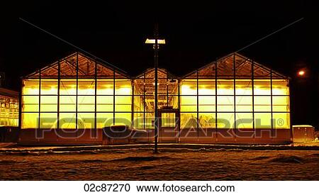 Warm light emitting from winter green houses at night. View Large Photo Image Stock Image - Warm light emitting from winter green houses at night.. Fotosearch