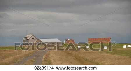 Picture - Abandoned farmsted with house, barns, and hay bales. Fotosearch