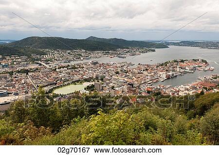 Aerial view of a city, Mt Floyen, Bergen, Norway View Large Photo Image Stock Photo - Aerial view of a city, Mt Floyen, Bergen, Norway. Fotosearch