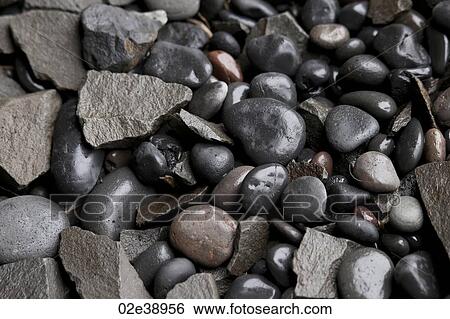 Stock Photograph - Assorted wet round and angular pebbles. Fotosearch