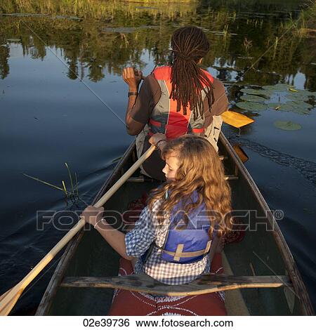 Stock Photograph - Back view of people rowing a canoe at Lake of the Woods, Ontario. Fotosearch