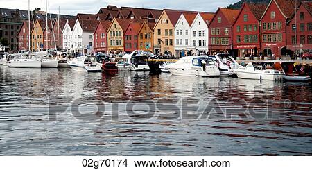 Boats moored at a harbor, Bryggen, Bergen, Norway View Large Photo Image Picture - Boats moored at a harbor, Bryggen, Bergen, Norway. Fotosearch