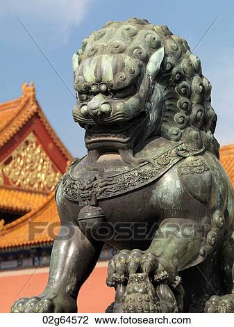 Stock Image - Chinese guardian lions in a palace, Forbidden City, Beijing, China. Fotosearch