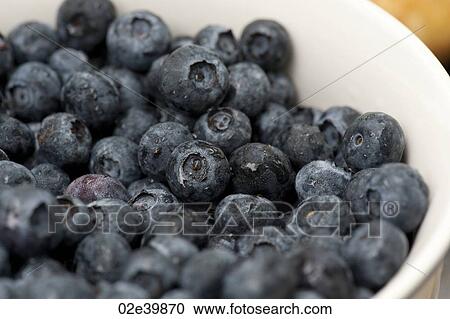 Stock Image - Close up of a bowl of blue berries. Fotosearch