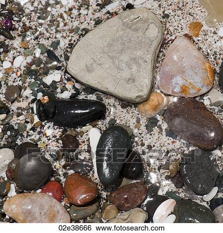 Stock Photograph - Coloured stones and pebbles along the shoreline in Costa Rica. Fotosearch