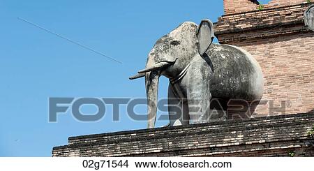 Picture - Elephant statue at Wat Chedi Luang, Chiang Mai, Thailand. Fotosearch