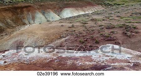 Stock Photograph - Eroded colourful volcanic mineral rich gully . Fotosearch