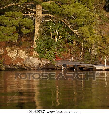 Stock Photo - Floating dock at shoreline in Lake of the Woods, Ontario. Fotosearch