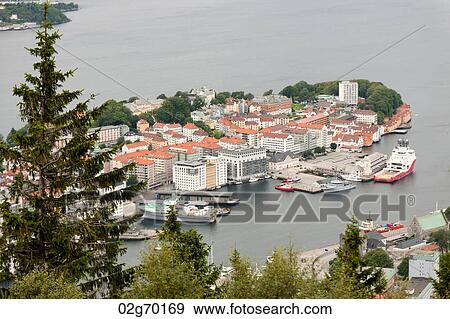 High angle view of a city at the waterfront, Bergen, Norway View Large Photo Image Stock Photo - High angle view of a city at the waterfront, Bergen, Norway. Fotosearch