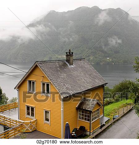 Stock Image - High angle view of a house, Sorfjord, Norway. Fotosearch