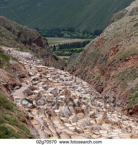 High angle view of terraced salt ponds, Salinas, Maras, Sacred Valley, Cusco Region, Peru View Large Photo Image Stock Image - High angle view of terraced salt ponds, Salinas, Maras, Sacred Valley, Cusco Region, Peru. Fotosearch
