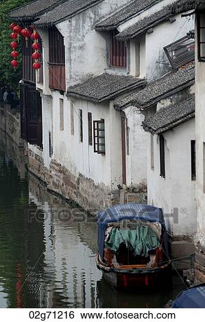 Houses along a canal, Zhouzhuang, Jiangsu Province, China View Large Photo Image Stock Photograph - Houses along a canal, Zhouzhuang, Jiangsu Province, China. Fotosearch