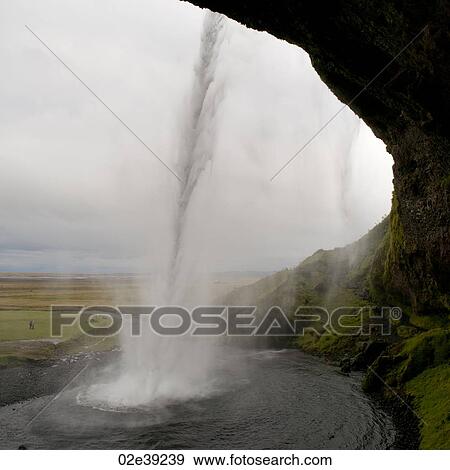 Stock Photo - Landscape of farmland from behind water falling into a pool from a cliff. Fotosearch