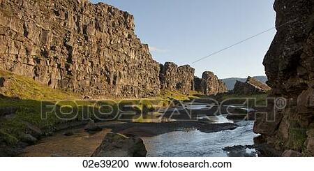 Stock Image - Landscape, river running through steep rugged cliff. Fotosearch