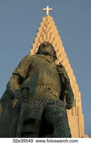 Leifur Eriksson statue in front of a Christian church in Iceland View Large Photo Image Stock Photo - Leifur Eriksson statue in front of a Christian church in Iceland. Fotosearch