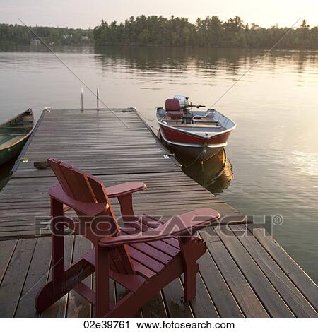 Stock Image - Motorboat at the dock in Lake of the Woods, Ontario. Fotosearch