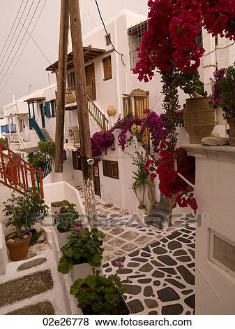 Narrow street in Mykonos Greece View Large Photo Image Stock Photo - Narrow street in Mykonos Greece. Fotosearch