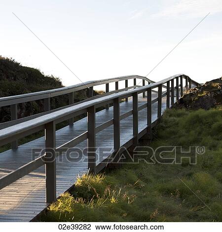Railed boardwalk over grassy hill View Large Photo Image Stock Image - Railed boardwalk over grassy hill. Fotosearch