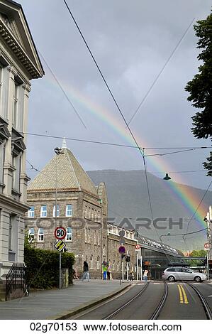 Rainbow over a city, Norway View Large Photo Image Stock Image - Rainbow over a city, Norway. Fotosearch