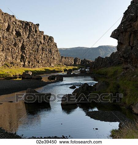 Stock Image - River in ravine below steep rocky cliffs. Fotosearch