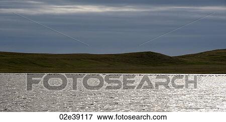 Shimmering water along the hilly shoreline and the horizon in the evening View Large Photo Image Stock Photo - Shimmering water along the hilly shoreline and the horizon in the evening. Fotosearch