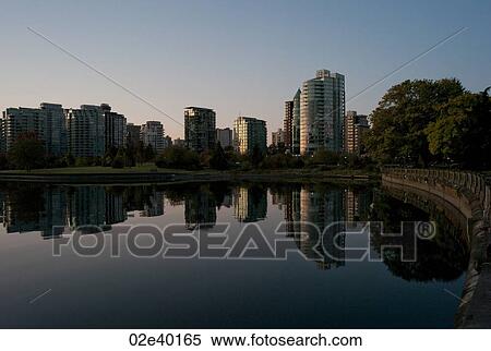 Skyline at dusk in Vancouver, British Columbia, Canada View Large Photo Image Stock Photography - Skyline at dusk in Vancouver, British Columbia, Canada. Fotosearch