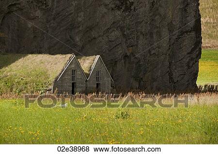 Sod covered abandoned homes in a blooming meadow next to a rugged rock face View Large Photo Image Stock Photo - Sod covered abandoned homes in a blooming meadow next to a rugged rock face. Fotosearch