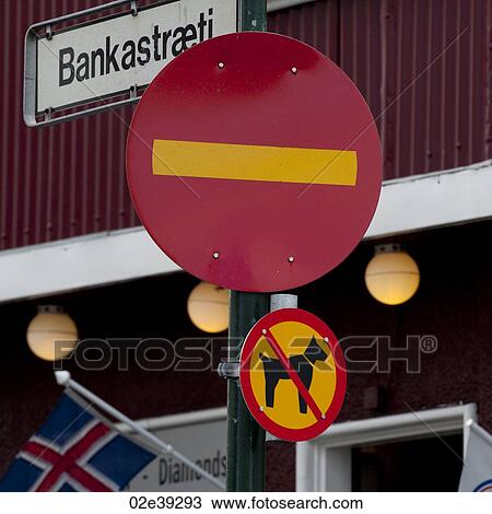 Stock Image - Street signs, no entry, no dogs. Fotosearch