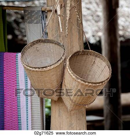 Stock Photography - Traditional baskets hanging for sale, Huay Pu Keng, Mae Hong Son Province, Thailand. Fotosearch