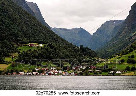 Stock Photography - Village at waterfront, Undredal, Aurlandsfjord, Sognefjord, Norway. Fotosearch