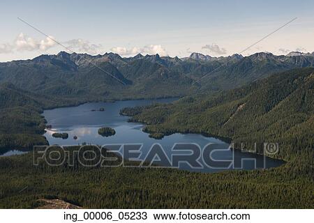 Stock Image - Aerial view of a lake, Skeena-Queen Charlotte Regional District, Haida Gwaii, Graham Island, British Columbia, Canada. Fotosearch