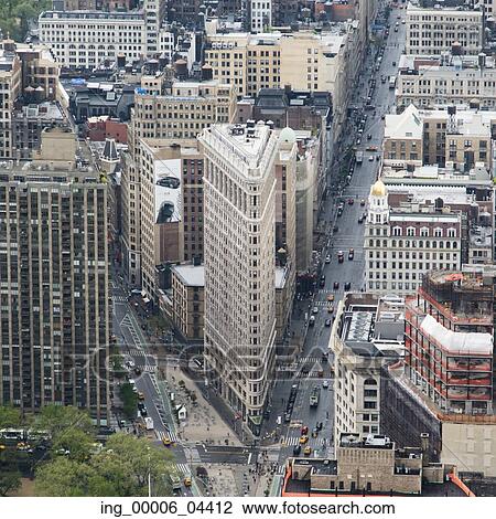 Stock Image - Aerial View of Street and Flatiron Building, Manhattan, New York City, New York State, USA. Fotosearch