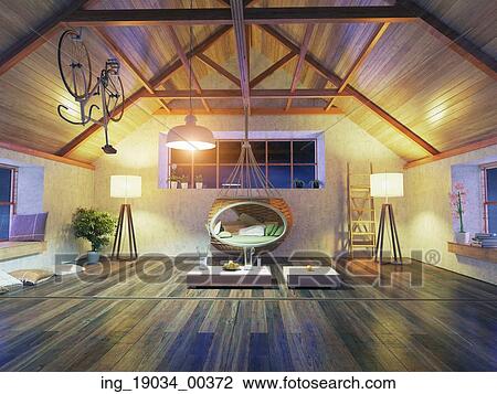 Stock Image - beautiful modern attic interior with hanging sofa. 3d design concept.. Fotosearch