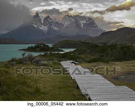 Boardwalk at Lake Pehoe, Torres del Paine National Park, Patagonia, Chile View Large Photo Image Stock Image - Boardwalk at Lake Pehoe, Torres del Paine National Park, Patagonia, Chile. Fotosearch